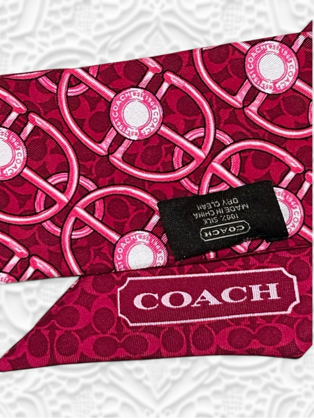 COACH Buckles & Buttons Mini Signature C Skinny Scarf 💯 Silk in Magenta/Red - Picture 5 of 6